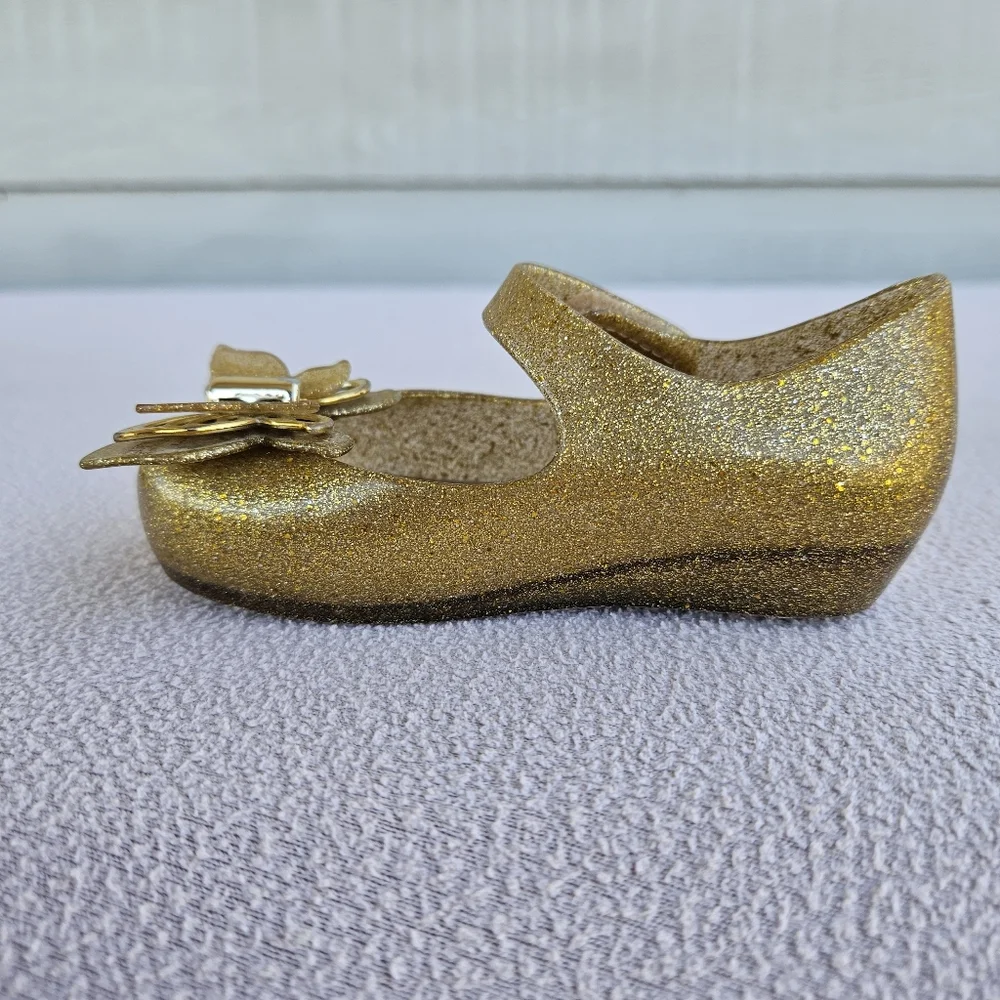 Mini Melissa Ultragirl Butterfly Gold Mary Jane Jelly Flats SZ 6 Hook & Loop